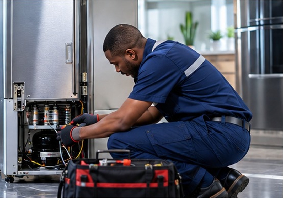 Refrigeration technician repairing a modern refrigerator
